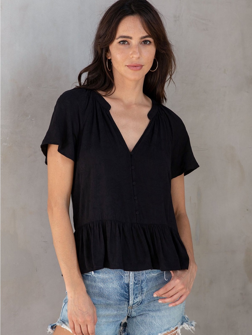 lovestitch Black V Neck Stories Flutter Sleeve Top Peplum Button Front Blouse S